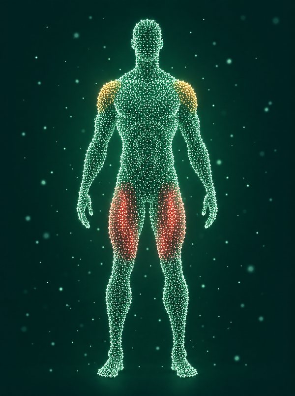 Body map made of dots. Shoulders amber, thighs red, the rest green.
